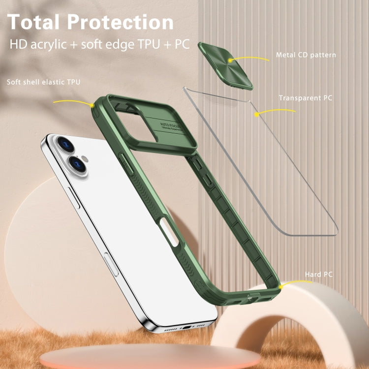 For iPhone 16 Sliding Camshield Acrylic Hybrid TPU Phone Case(Olive Green)