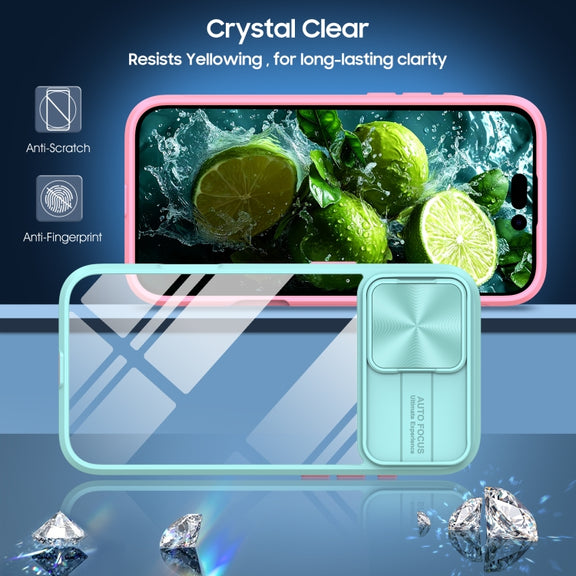 For iPhone 16 Sliding Camshield Acrylic Hybrid TPU Phone Case(Blue Pink)