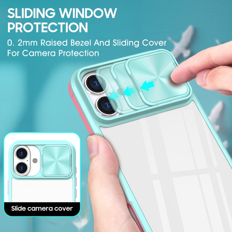 For iPhone 16 Sliding Camshield Acrylic Hybrid TPU Phone Case(Blue Pink)