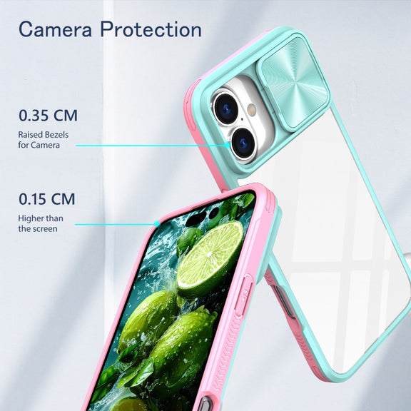 For iPhone 16 Sliding Camshield Acrylic Hybrid TPU Phone Case(Blue Pink)