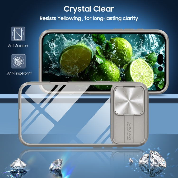 For iPhone 16 Sliding Camshield Acrylic Hybrid TPU Phone Case(Grey)