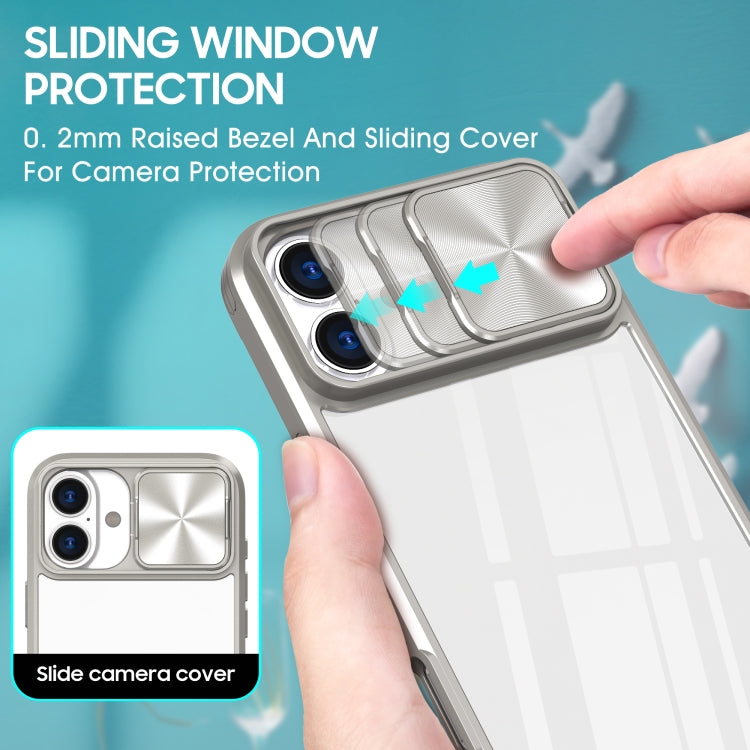 For iPhone 16 Sliding Camshield Acrylic Hybrid TPU Phone Case(Grey)