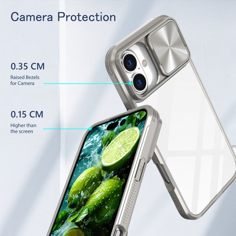 For iPhone 16 Sliding Camshield Acrylic Hybrid TPU Phone Case(Grey)