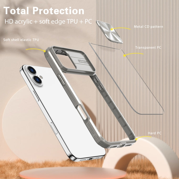 For iPhone 16 Sliding Camshield Acrylic Hybrid TPU Phone Case(Grey)