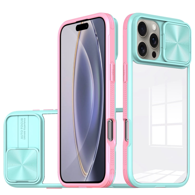 For iPhone 16 Pro Sliding Camshield Acrylic Hybrid TPU Phone Case(Blue Pink)