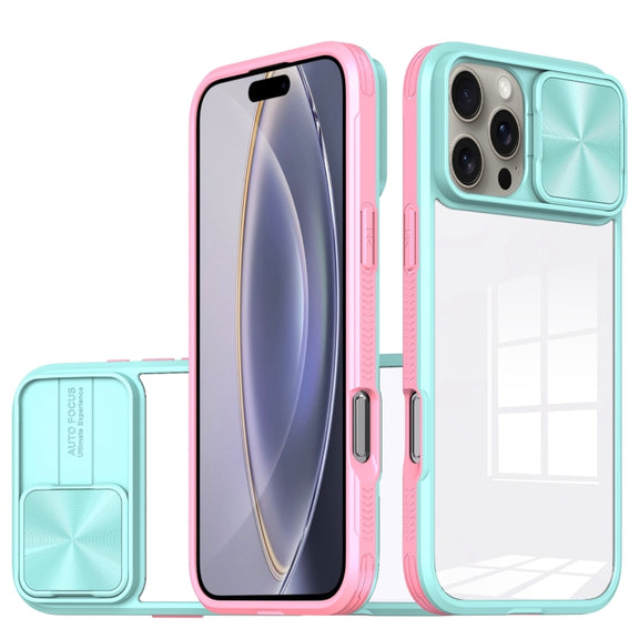 For iPhone 16 Pro Sliding Camshield Acrylic Hybrid TPU Phone Case(Blue Pink)