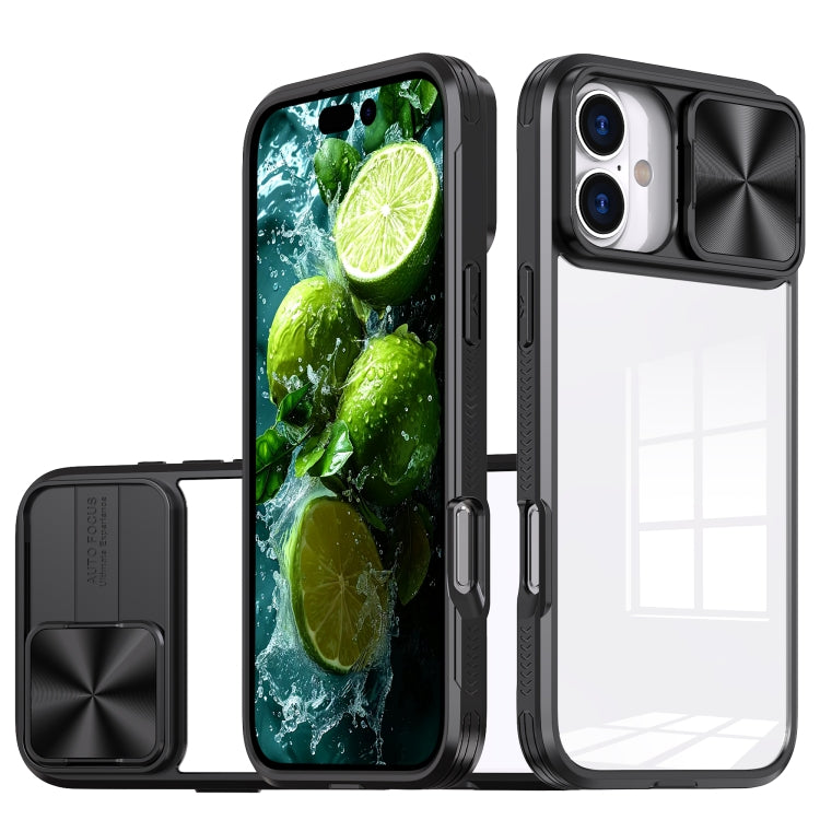 For iPhone 16 Plus Sliding Camshield Acrylic Hybrid TPU Phone Case(Black)