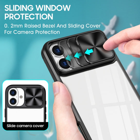 For iPhone 16 Plus Sliding Camshield Acrylic Hybrid TPU Phone Case(Black)