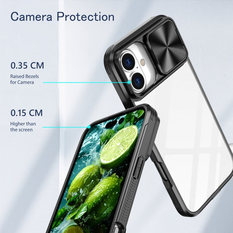 For iPhone 16 Plus Sliding Camshield Acrylic Hybrid TPU Phone Case(Black)