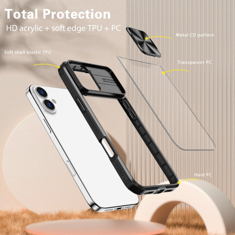For iPhone 16 Plus Sliding Camshield Acrylic Hybrid TPU Phone Case(Black)