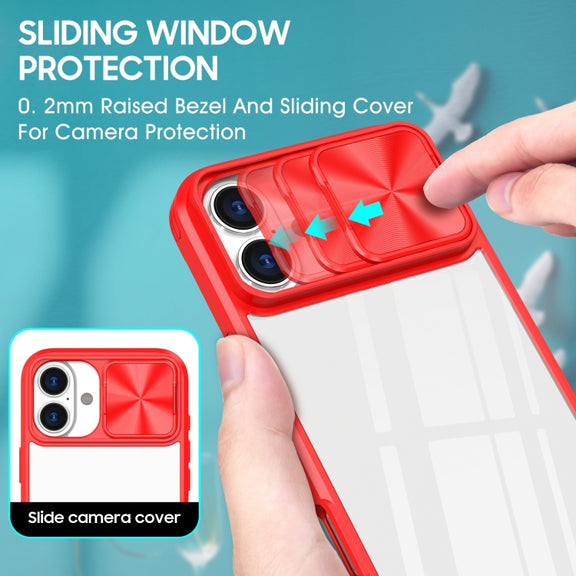 For iPhone 16 Plus Sliding Camshield Acrylic Hybrid TPU Phone Case(Red)
