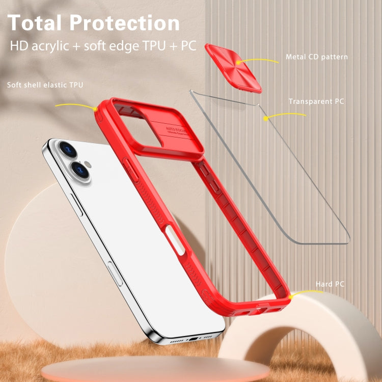 For iPhone 16 Plus Sliding Camshield Acrylic Hybrid TPU Phone Case(Red)