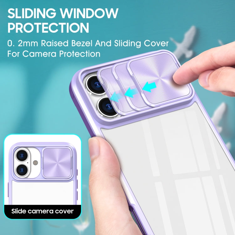For iPhone 16 Plus Sliding Camshield Acrylic Hybrid TPU Phone Case(Purple)