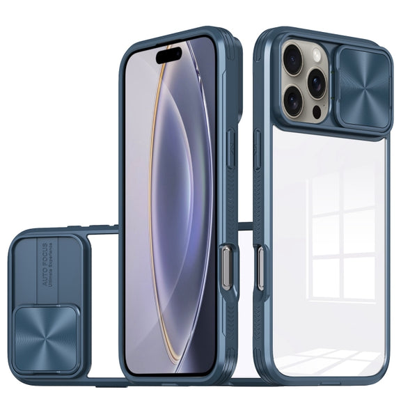 For iPhone 16 Pro Max Sliding Camshield Acrylic Hybrid TPU Phone Case(Navy Blue)