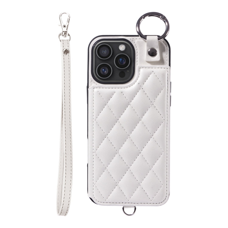 For iPhone 16 Pro Max Rhombic Texture Card Bag Phone Case with Short Lanyard(White)