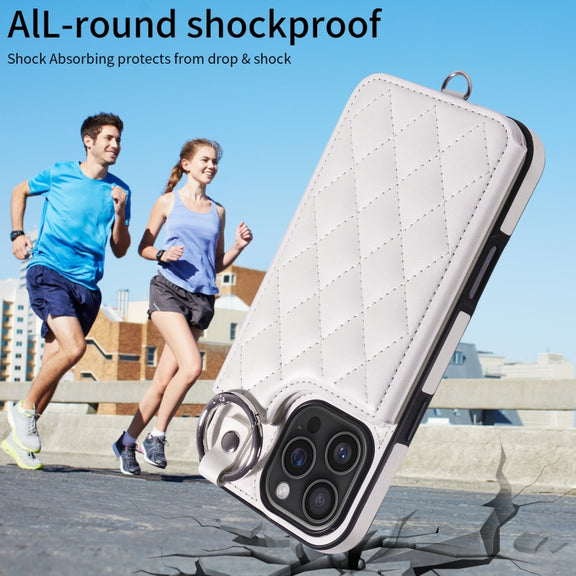 For iPhone 16 Pro Max Rhombic Texture Card Bag Phone Case with Short Lanyard(White)