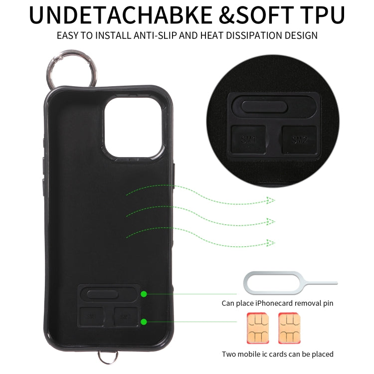 For iPhone 16 Pro Max Rhombic Texture Card Bag Phone Case with Short Lanyard(White)