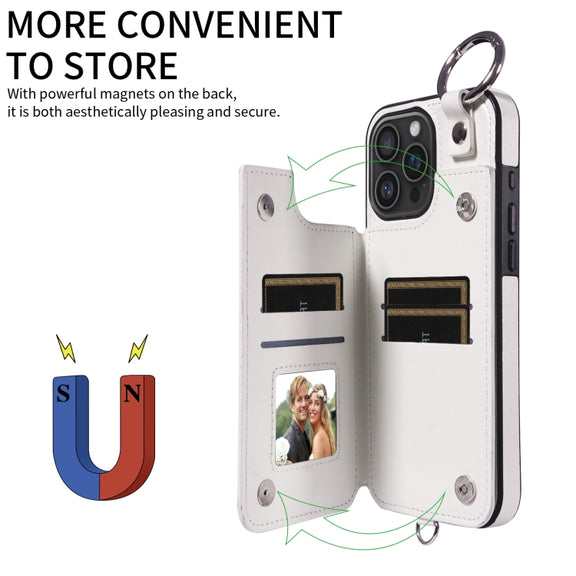 For iPhone 16 Pro Max Rhombic Texture Card Bag Phone Case with Short Lanyard(White)