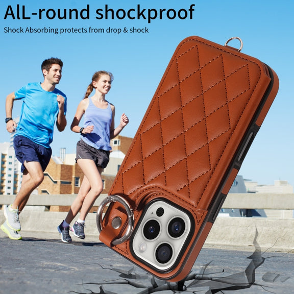 For iPhone 16 Pro Rhombic Texture Card Bag Phone Case with Short Lanyard(Brown)