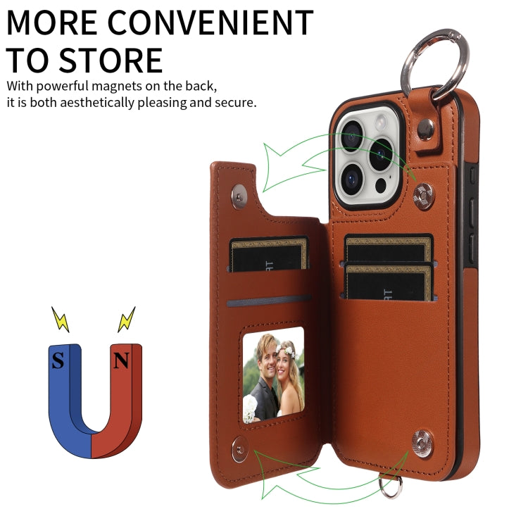 For iPhone 16 Pro Rhombic Texture Card Bag Phone Case with Short Lanyard(Brown)