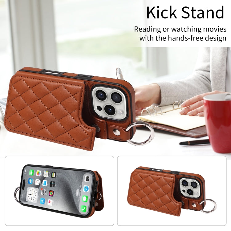 For iPhone 16 Pro Rhombic Texture Card Bag Phone Case with Short Lanyard(Brown)