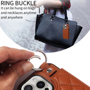 For iPhone 16 Pro Rhombic Texture Card Bag Phone Case with Short Lanyard(Brown)