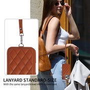 For iPhone 16 Pro Rhombic Texture Card Bag Phone Case with Short Lanyard(Brown)