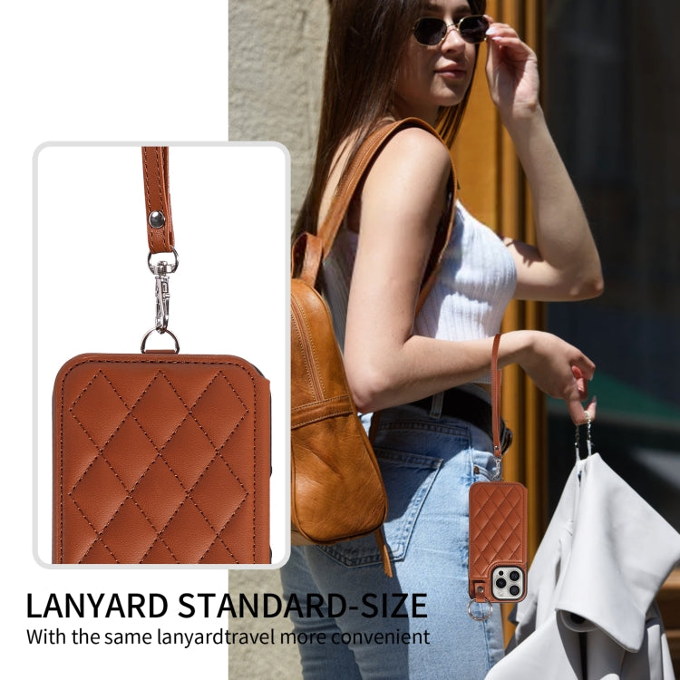 For iPhone 16 Pro Rhombic Texture Card Bag Phone Case with Short Lanyard(Brown)