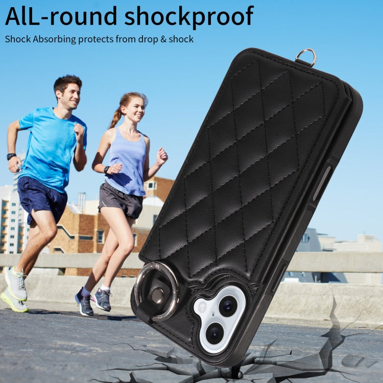For iPhone 16 Plus Rhombic Texture Card Bag Phone Case with Short Lanyard(Black)