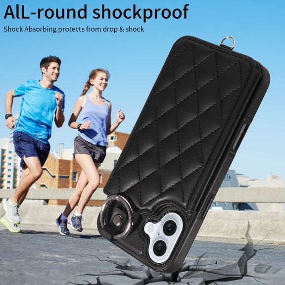 For iPhone 16 Plus Rhombic Texture Card Bag Phone Case with Short Lanyard(Black)