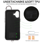 For iPhone 16 Plus Rhombic Texture Card Bag Phone Case with Short Lanyard(Black)