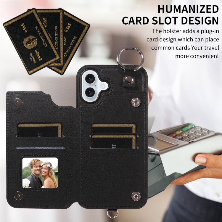 For iPhone 16 Plus Rhombic Texture Card Bag Phone Case with Short Lanyard(Black)