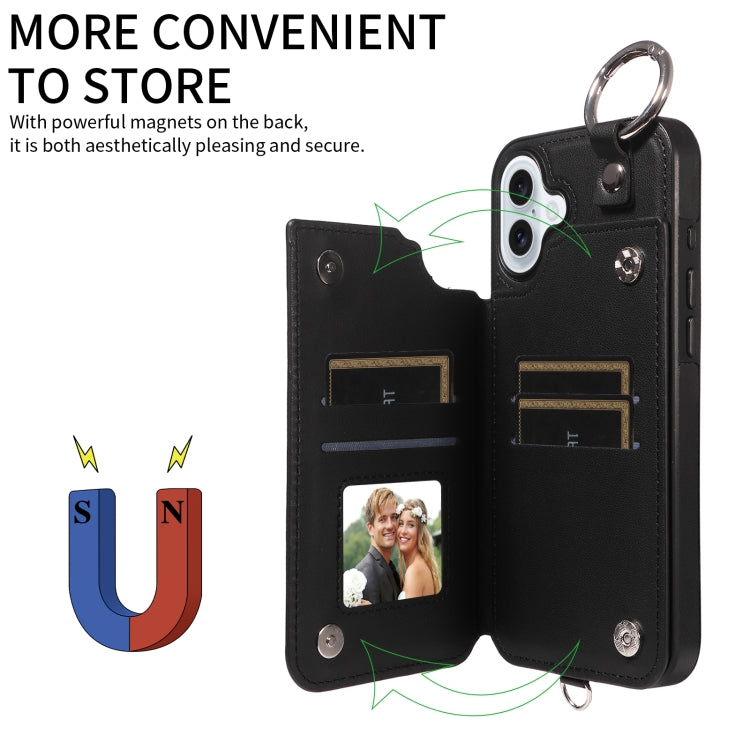 For iPhone 16 Plus Rhombic Texture Card Bag Phone Case with Short Lanyard(Black)