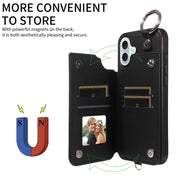 For iPhone 16 Plus Rhombic Texture Card Bag Phone Case with Short Lanyard(Black)