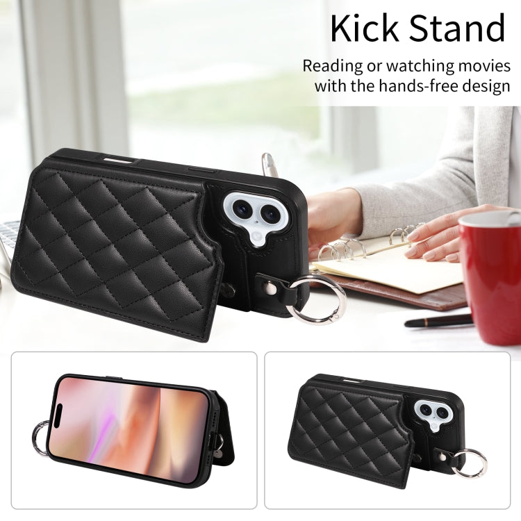 For iPhone 16 Plus Rhombic Texture Card Bag Phone Case with Short Lanyard(Black)