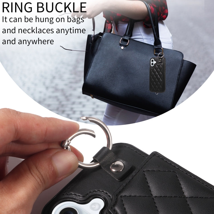 For iPhone 16 Plus Rhombic Texture Card Bag Phone Case with Short Lanyard(Black)