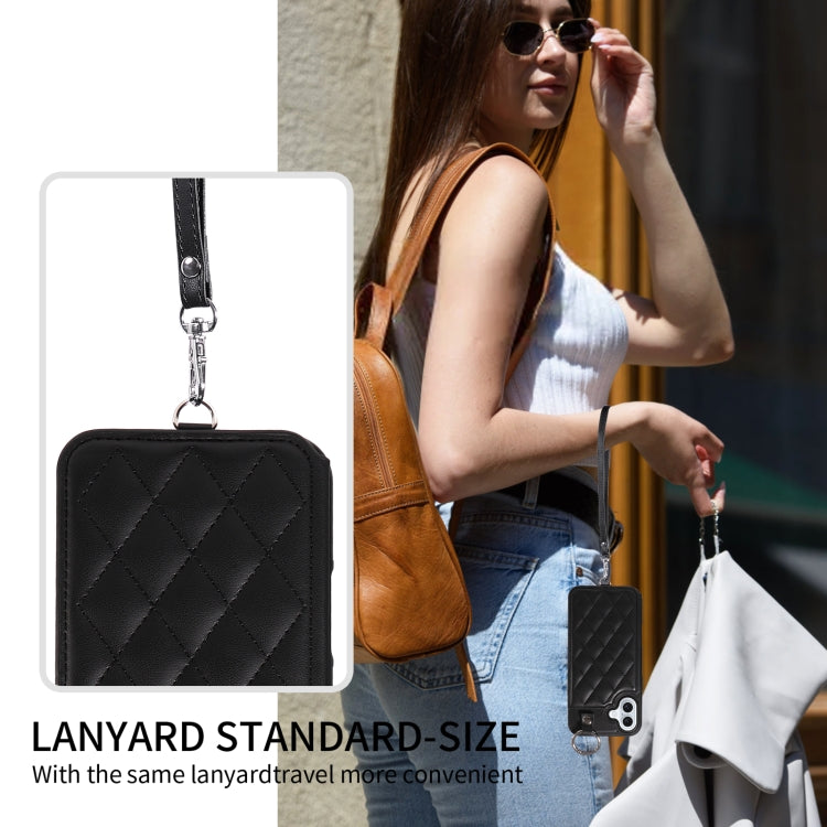 For iPhone 16 Plus Rhombic Texture Card Bag Phone Case with Short Lanyard(Black)