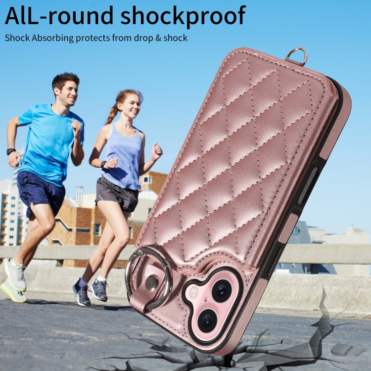 For iPhone 16 Rhombic Texture Card Bag Phone Case with Short Lanyard(Rose Gold)