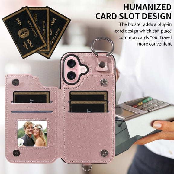 For iPhone 16 Rhombic Texture Card Bag Phone Case with Short Lanyard(Rose Gold)