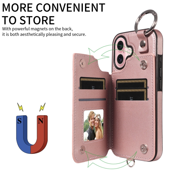 For iPhone 16 Rhombic Texture Card Bag Phone Case with Short Lanyard(Rose Gold)