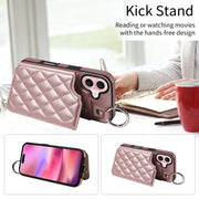 For iPhone 16 Rhombic Texture Card Bag Phone Case with Short Lanyard(Rose Gold)