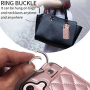 For iPhone 16 Rhombic Texture Card Bag Phone Case with Short Lanyard(Rose Gold)