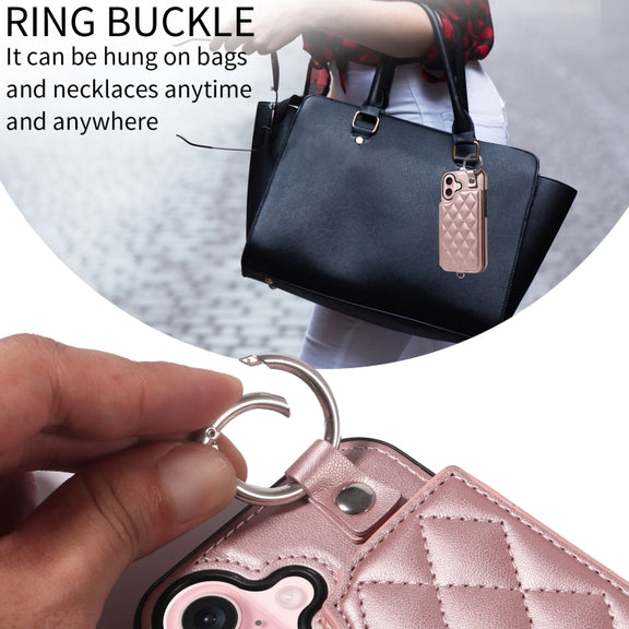 For iPhone 16 Rhombic Texture Card Bag Phone Case with Short Lanyard(Rose Gold)