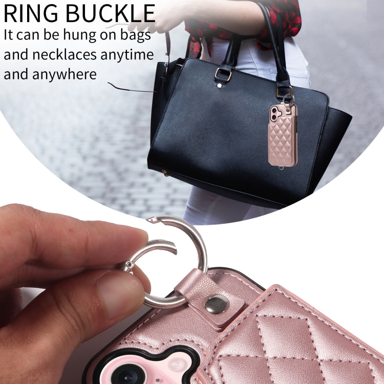 For iPhone 16 Rhombic Texture Card Bag Phone Case with Short Lanyard(Rose Gold)
