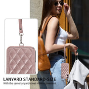 For iPhone 16 Rhombic Texture Card Bag Phone Case with Short Lanyard(Rose Gold)