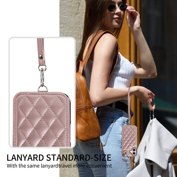 For iPhone 16 Rhombic Texture Card Bag Phone Case with Short Lanyard(Rose Gold)