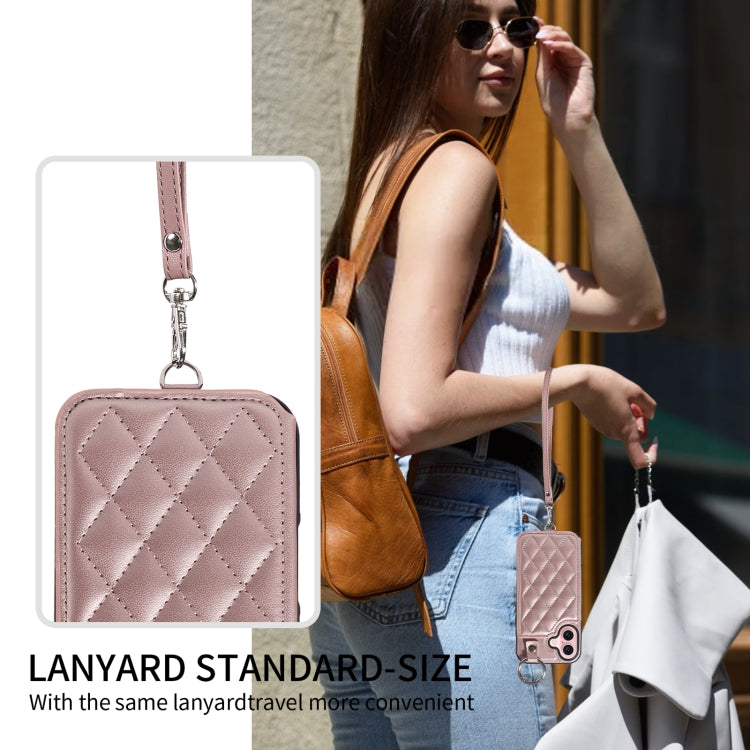 For iPhone 16 Rhombic Texture Card Bag Phone Case with Short Lanyard(Rose Gold)