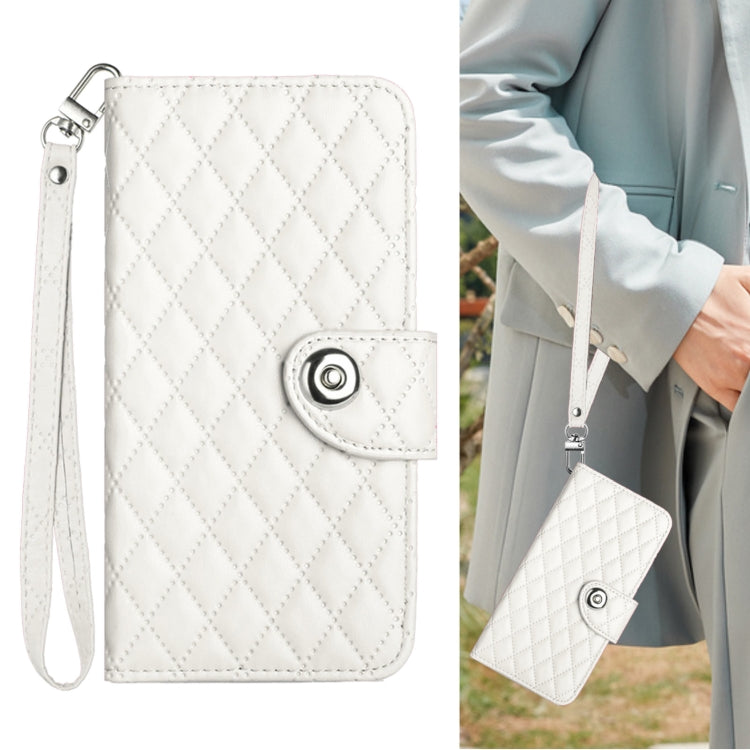 For Redmi K70 Ultra 5G Global Rhombic Texture Flip Leather Phone Case with Lanyard(White)
