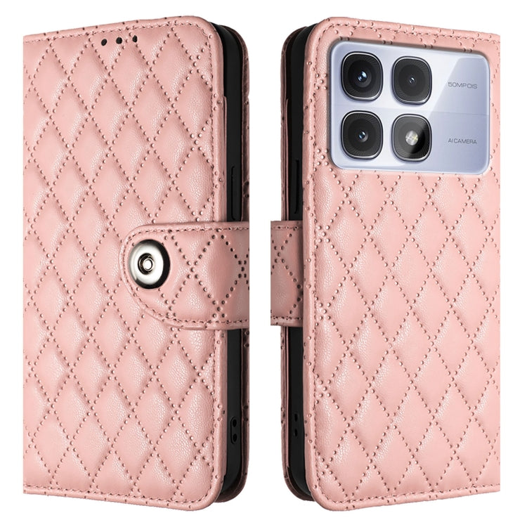 For Redmi K70 Ultra 5G Global Rhombic Texture Flip Leather Phone Case with Lanyard(Coral Pink)