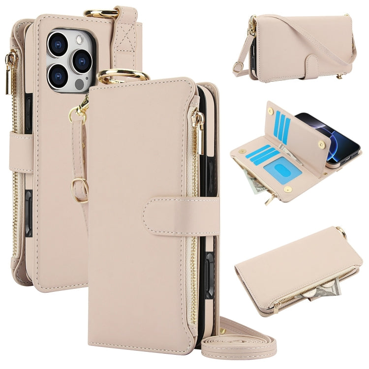 For iPhone 16 Pro Max Crossbody Ring Multifunctional Wallet Leather Phone Case(White)
